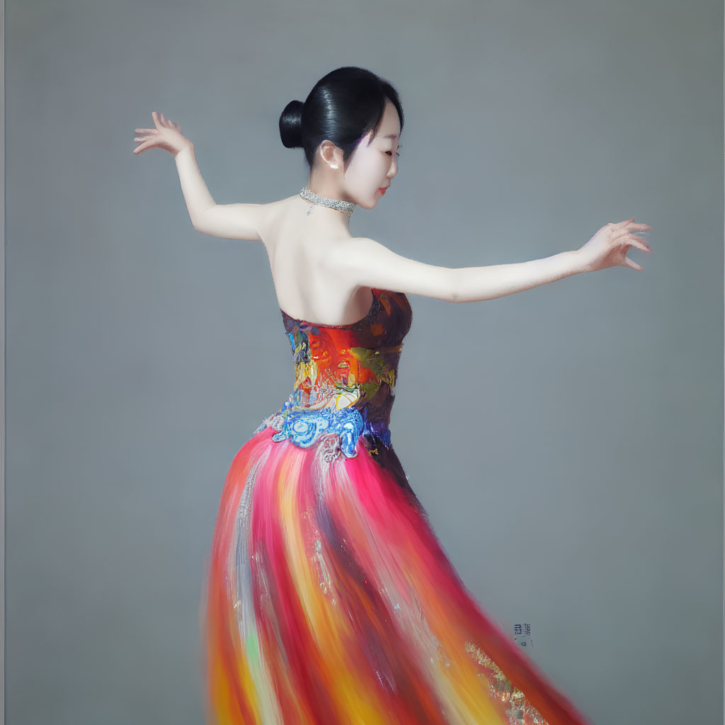 Colorful dress woman mid-twirl with arms extended on grey background