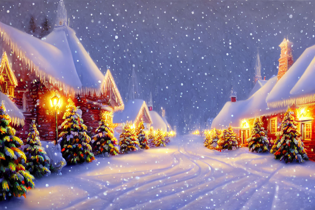 Winter village scene with snow-covered houses and Christmas trees at night