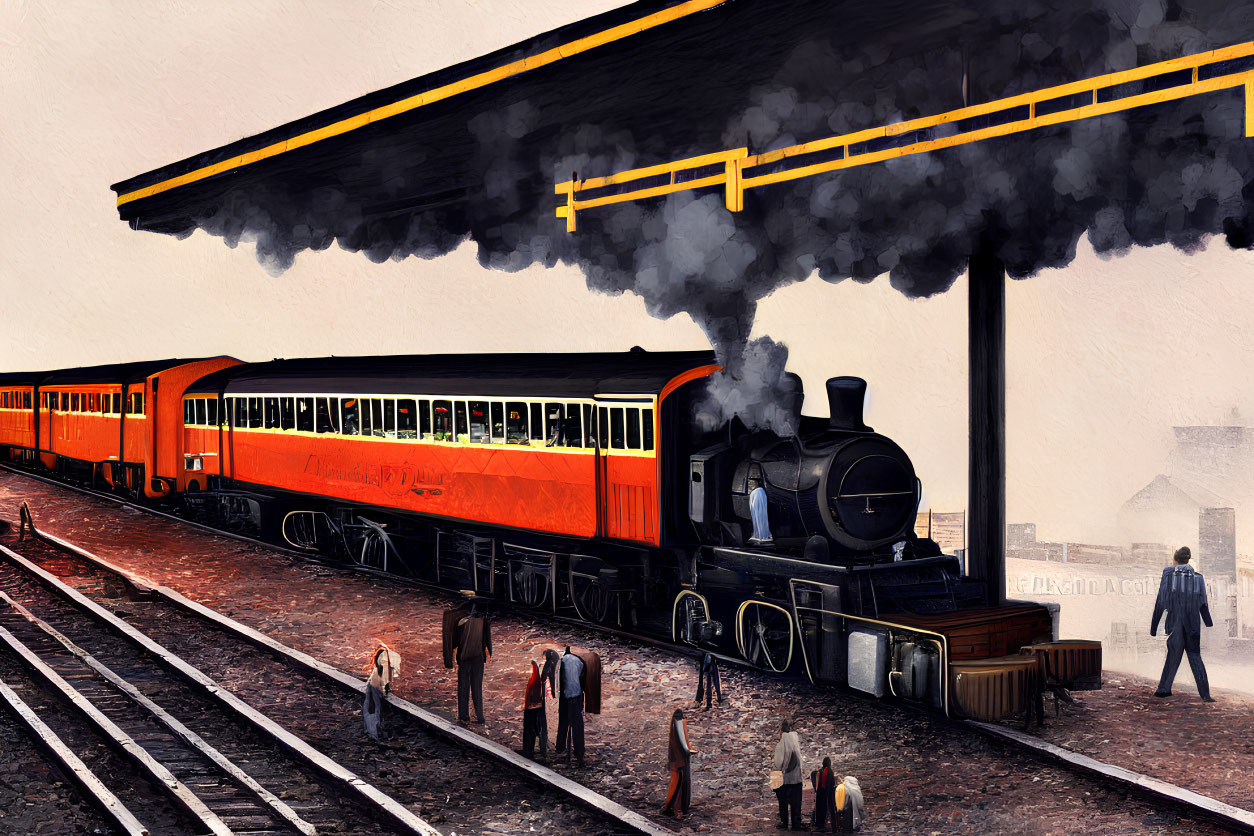 Vintage Steam Locomotive with Billowing Smoke and Passengers in Orange and Black Color Scheme