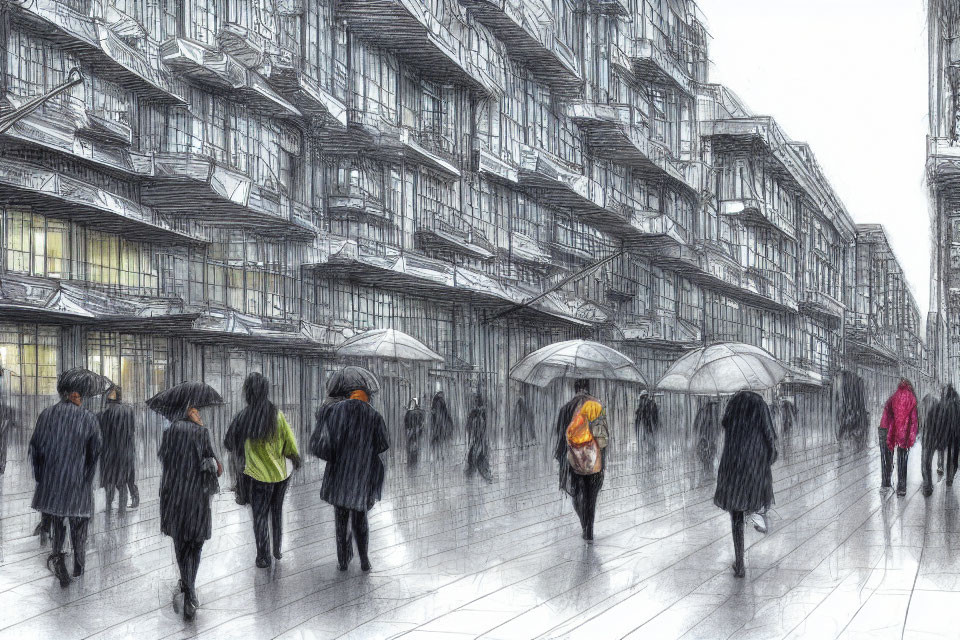 City street scene with people and umbrellas in monochromatic sketch style