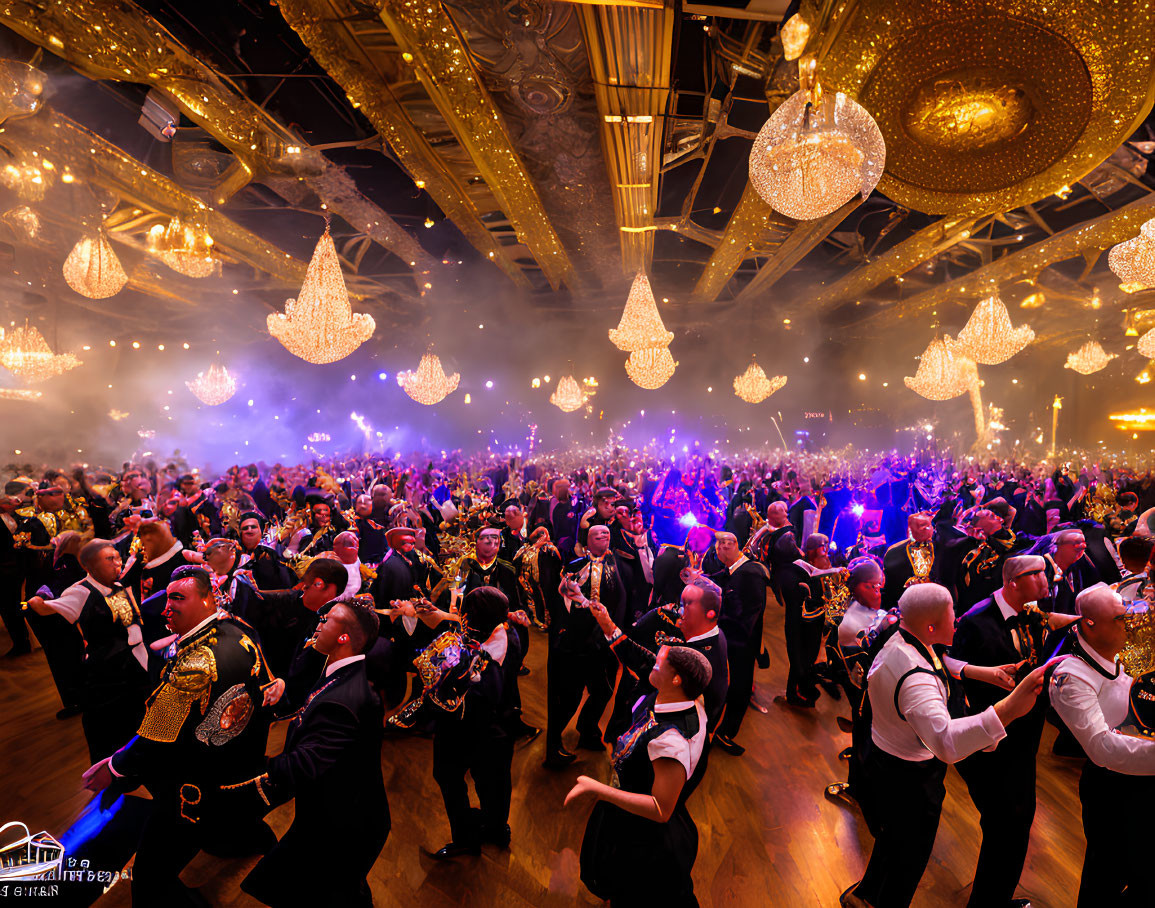 Elegant ballroom scene with dancing individuals and ornate chandeliers