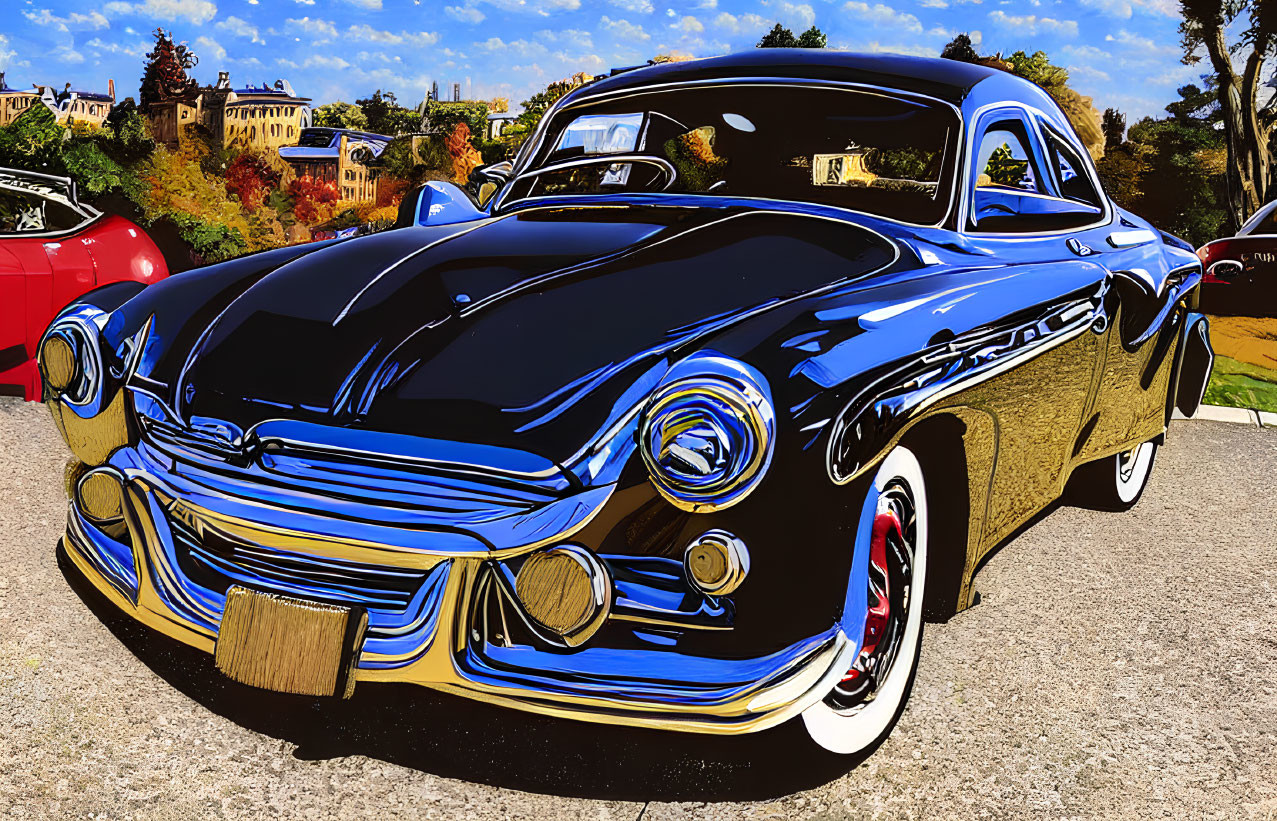 Stylized classic car with shiny blue finish and white-wall tires parked outdoors