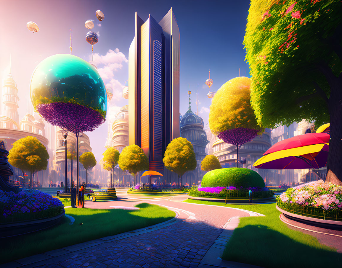 Futuristic cityscape with floating spheres and lush park bench