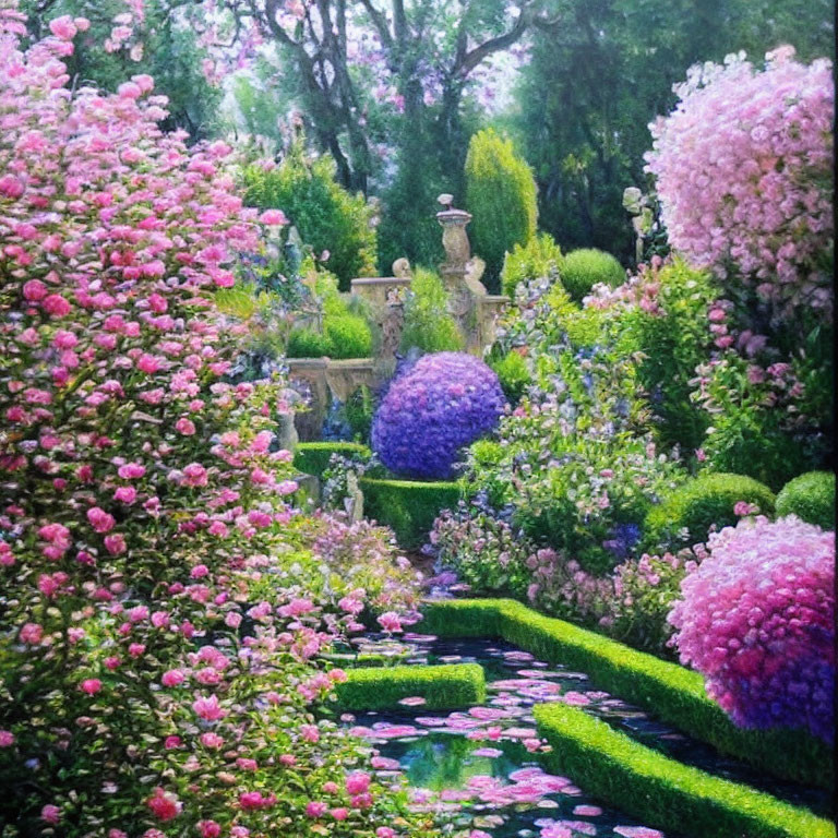 Formal Garden with Pink Blooms, Water Feature, and Trimmed Hedges