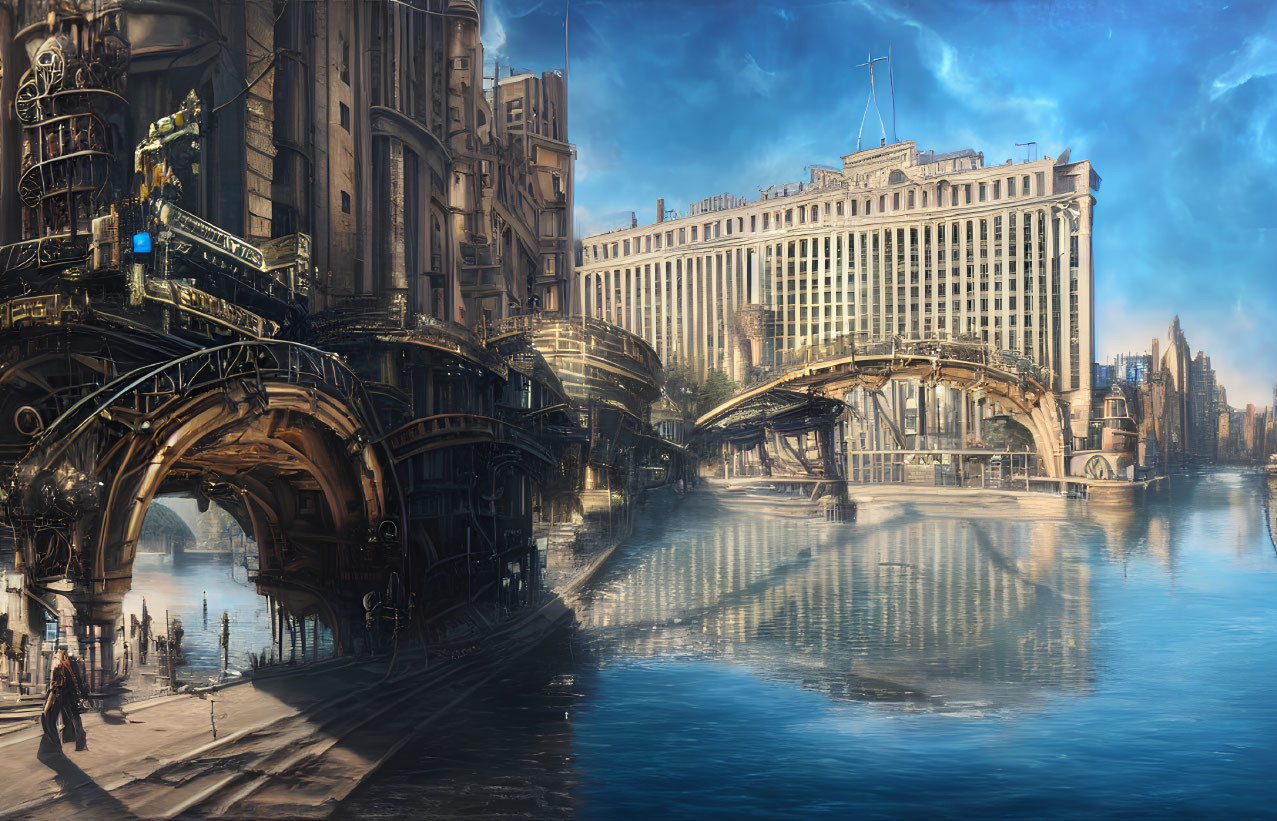 Futuristic cityscape with grand buildings and bridges under clear sky