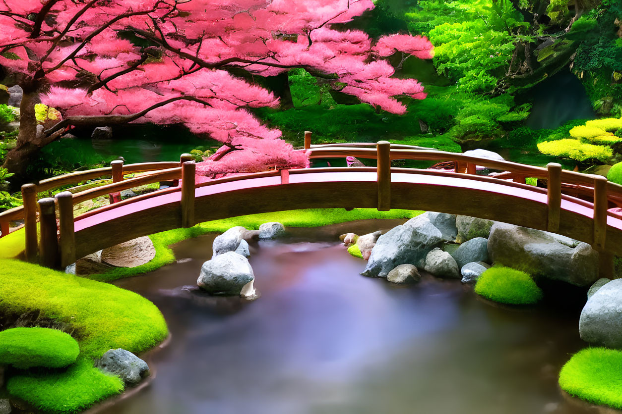 Tranquil Japanese garden with pink cherry blossoms and wooden bridge