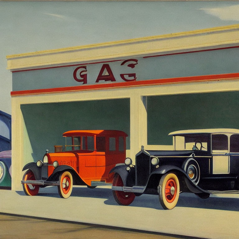 Vintage Gas Station Painting with Classic Cars and Clear Sky