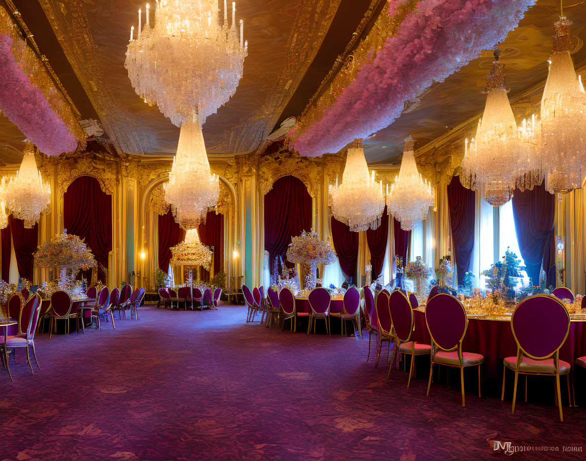 Luxurious Banquet Hall with Golden Details and Crystal Chandeliers