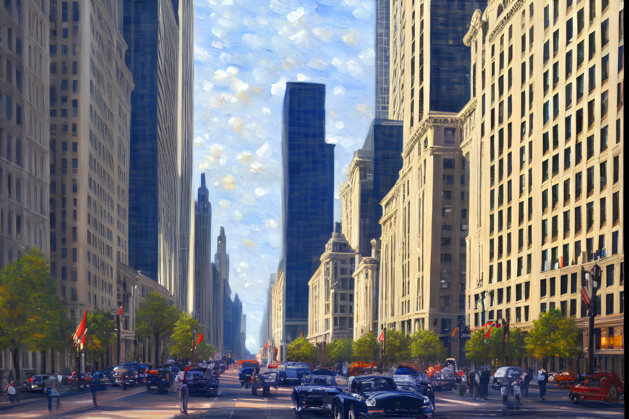 Vibrant impressionist painting of city street with cars, trees, and tall buildings