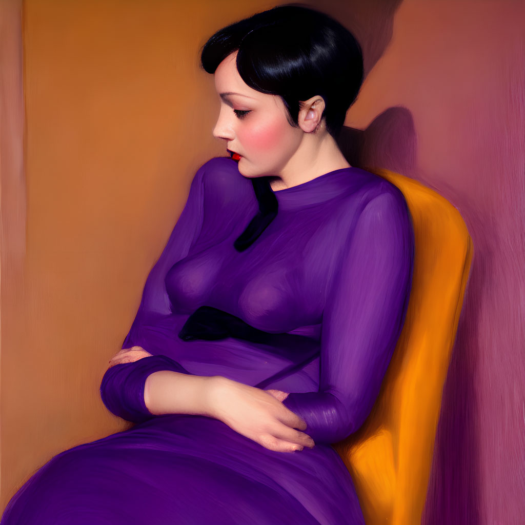 Stylized painting of woman with black hair in purple dress against orange backdrop