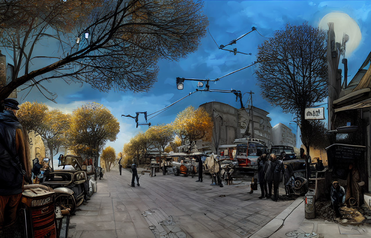 Vintage cars, people, and autumn trees in a bustling street scene under an overcast sky.