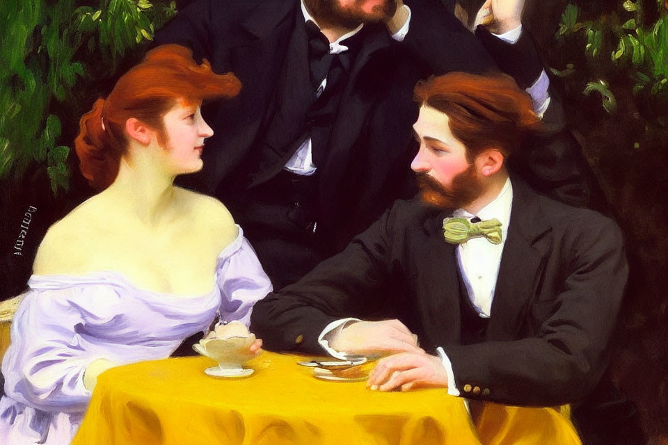 Victorian-era Couple Painting at Table with Man in Suit & Bow Tie