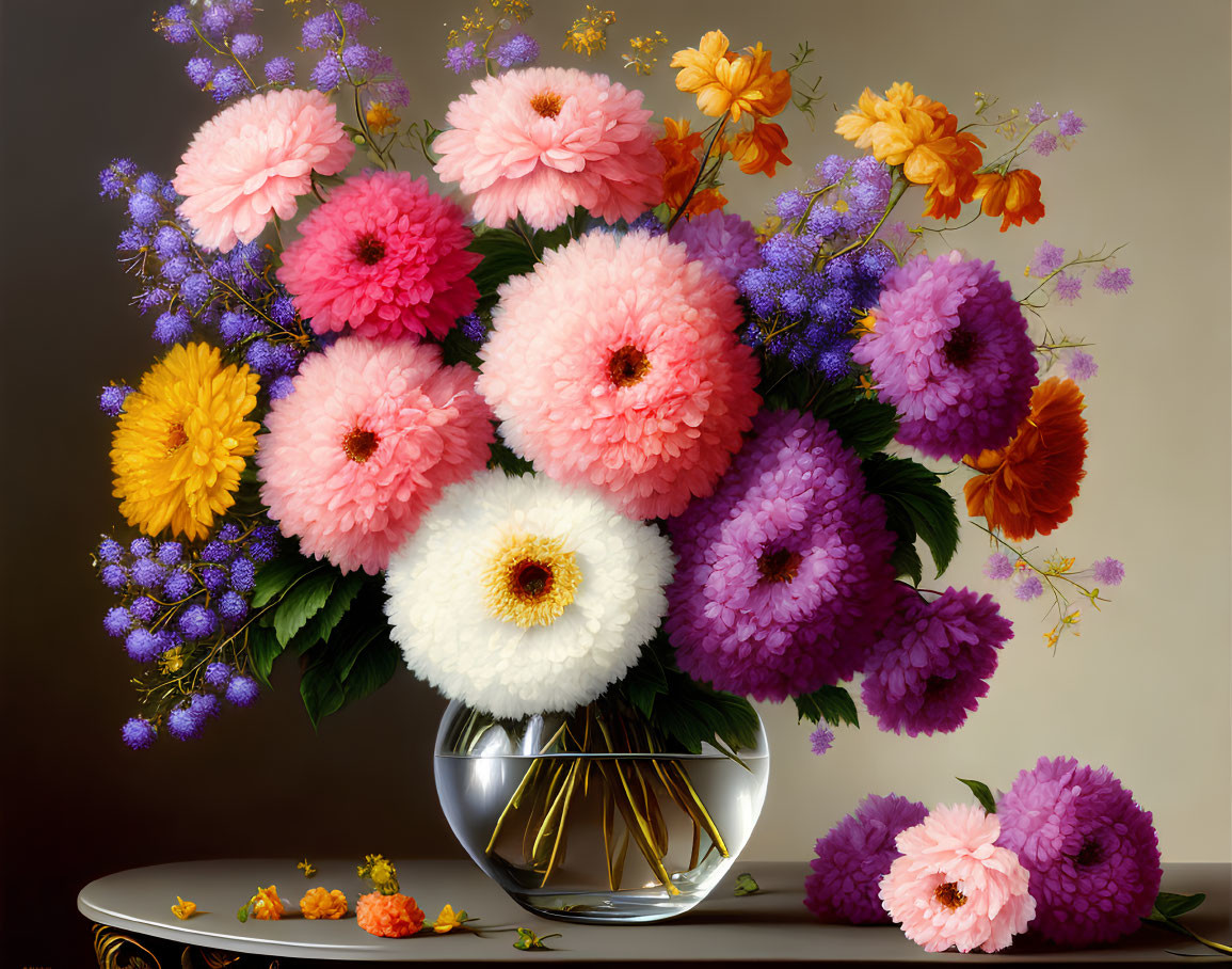 Colorful Flower Bouquet in Clear Vase on Beige Background