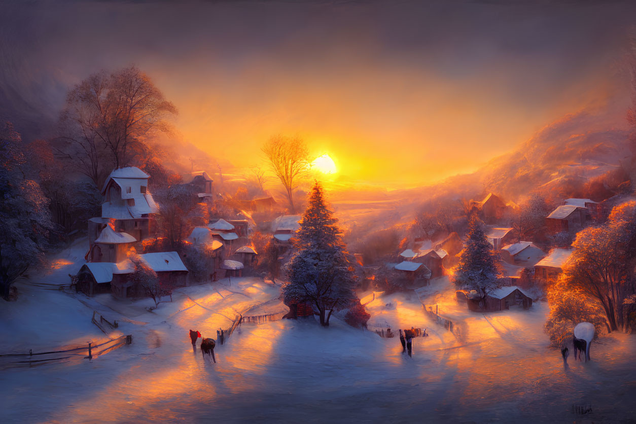 Snow-covered cottages and glowing sunset in tranquil winter village landscape