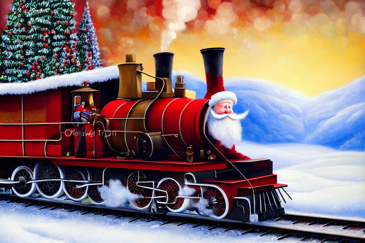 Colorful Santa Claus on red steam train with snowy landscape