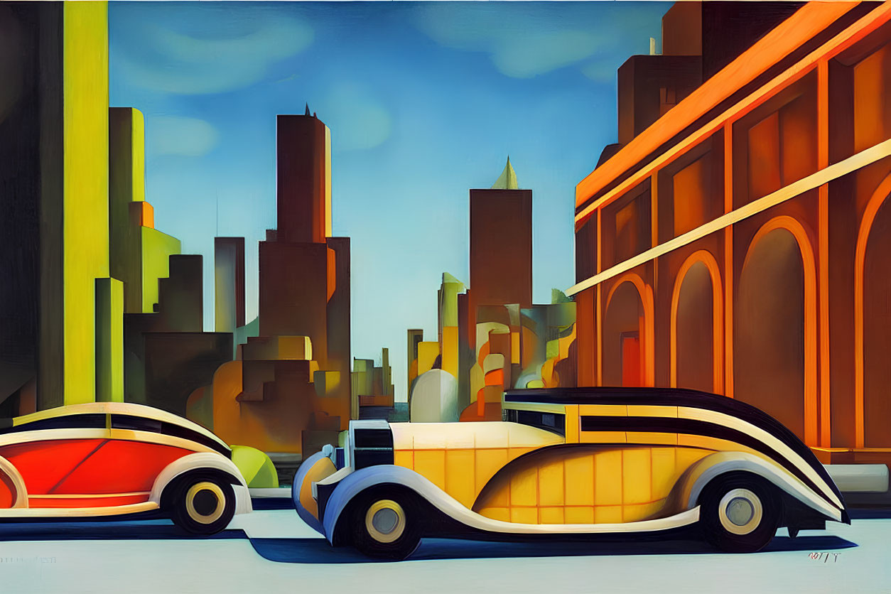 Stylized vintage cars in front of vibrant cityscape