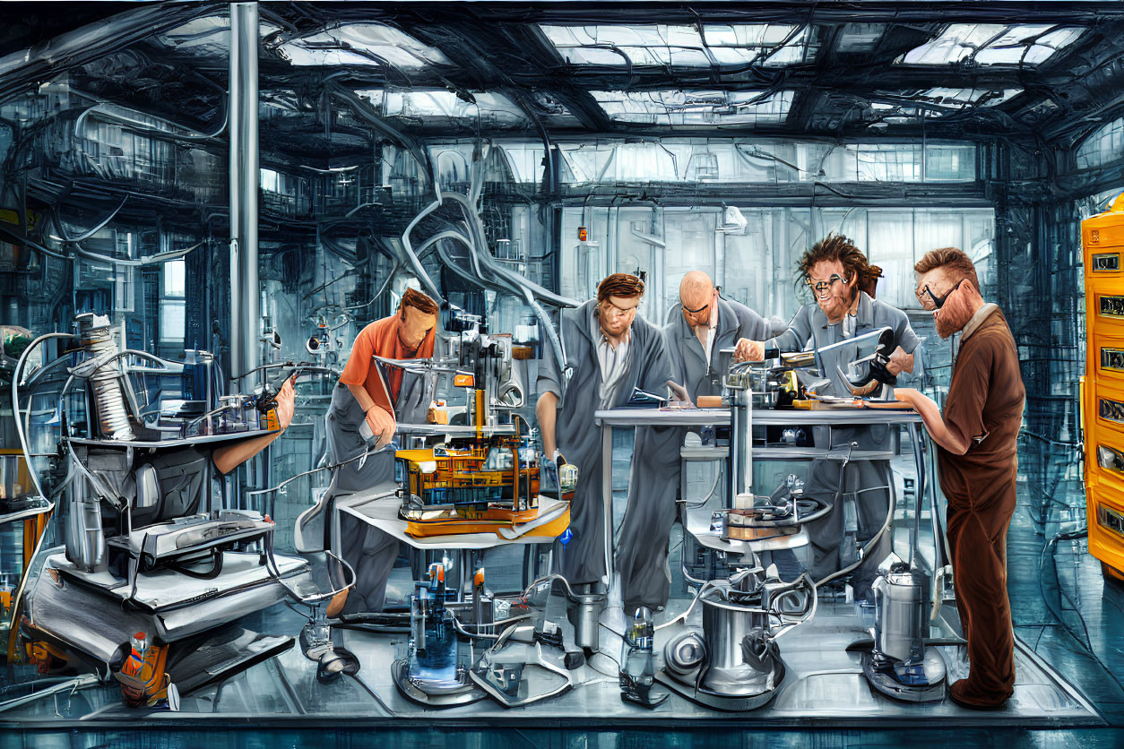 Detailed illustration of five individuals working in modern industrial workshop.