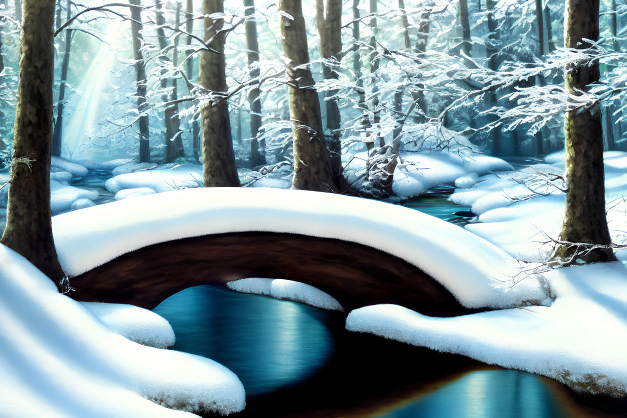 Snow-covered wooden bridge over tranquil stream in serene winter scene.