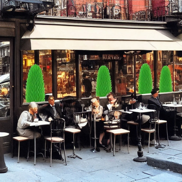 Charming outdoor café scene with dining patrons and green topiaries.