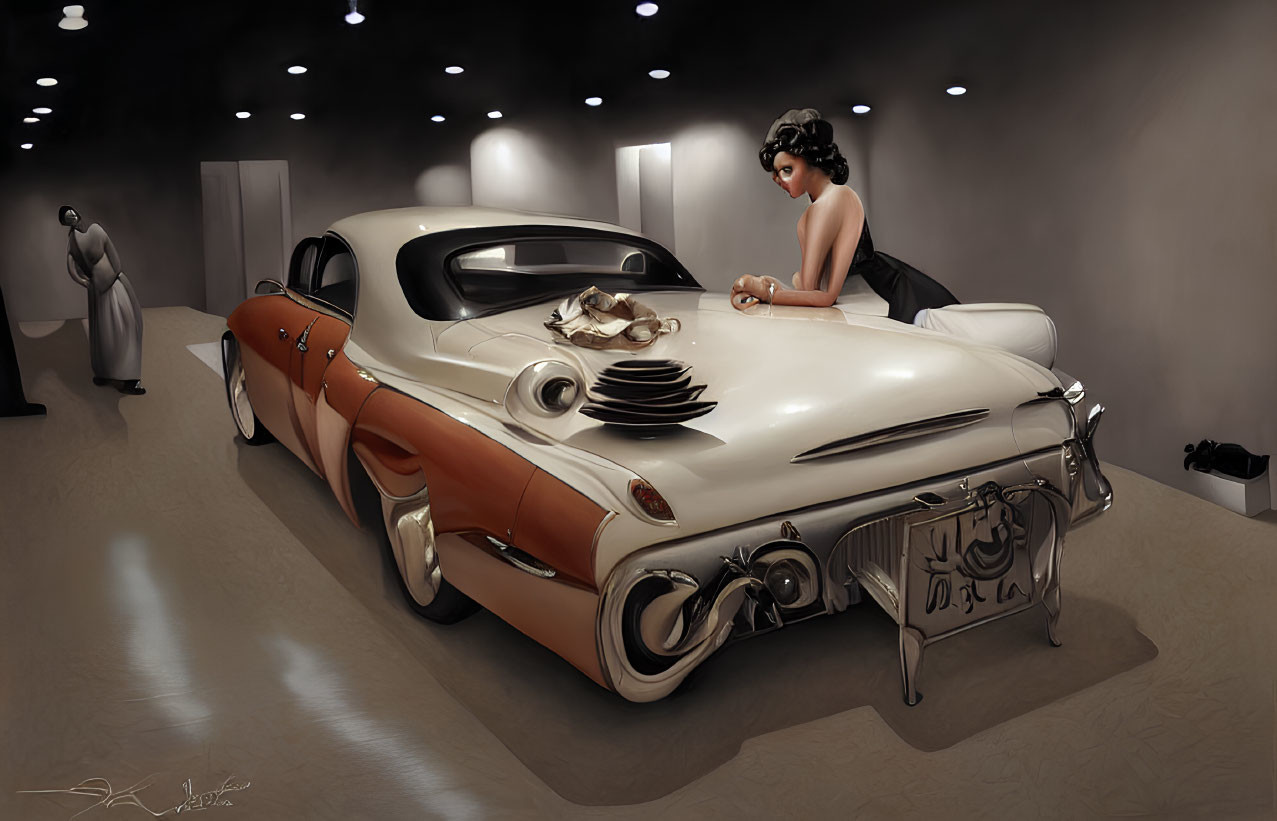 Vintage Attire Woman Leaning on Classic Car in Dimly-Lit Gallery