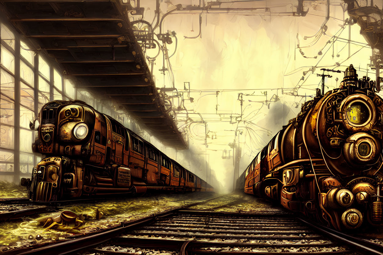 Vintage locomotives on parallel tracks at a steampunk-themed train station