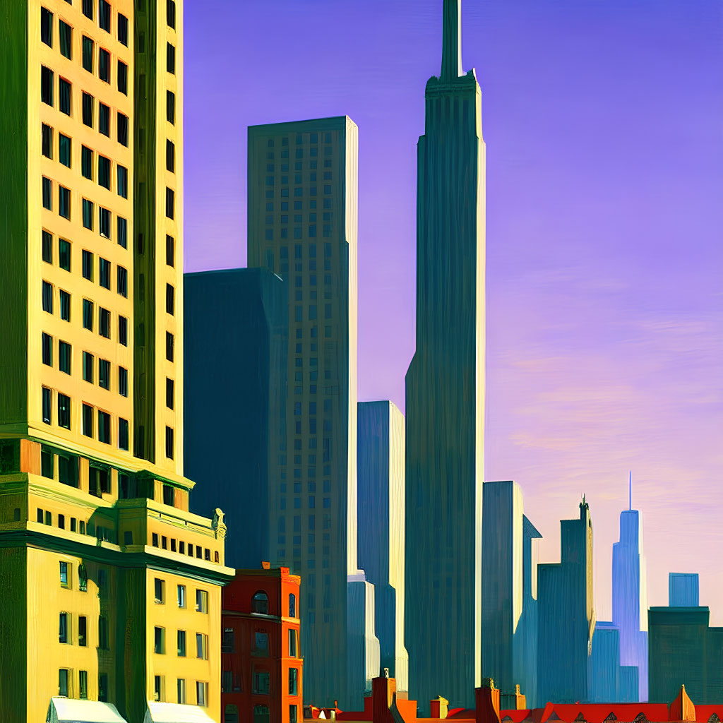 Vibrant cityscape with colorful skyscrapers under clear sky