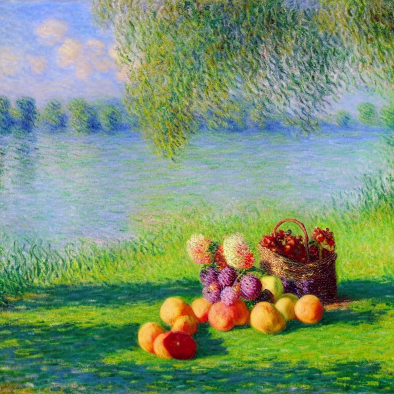 Colorful Fruit Basket on Sunlit Riverbank Grass - Impressionist Painting