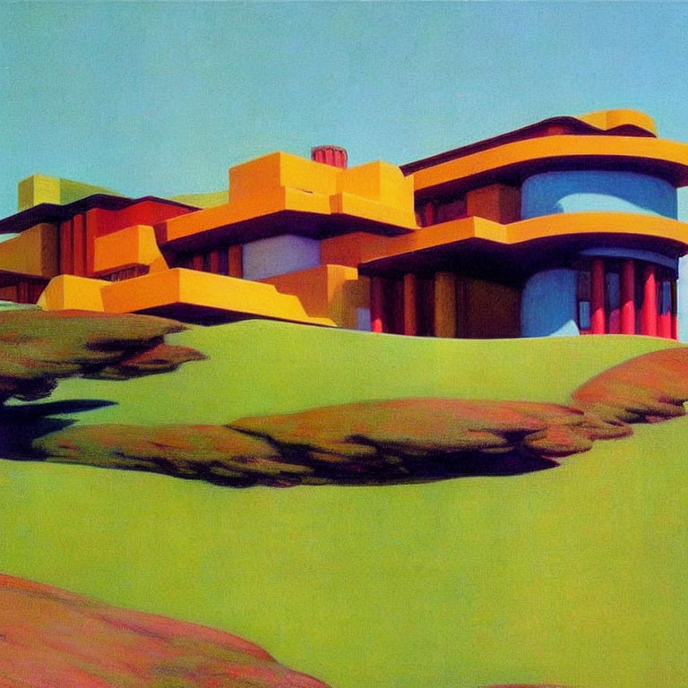 Colorful Stylized Buildings Against Clear Sky: Vibrant Painting