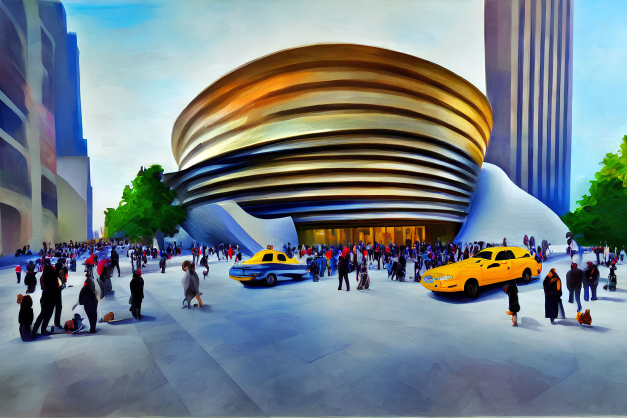 Colorful illustration: Busy crowd at modern spiral building with yellow taxis.