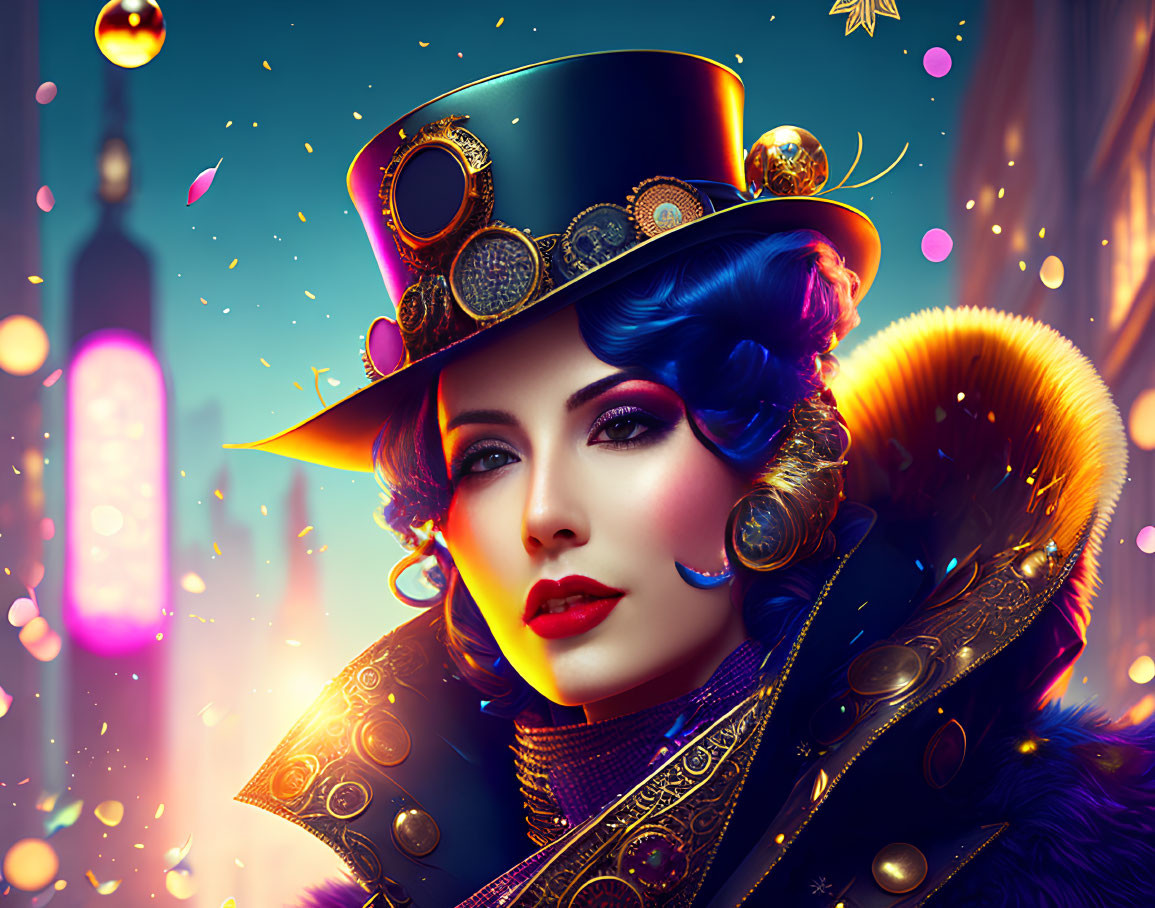 Colorful portrait of woman with blue hair, top hat, and fur coat on bokeh background