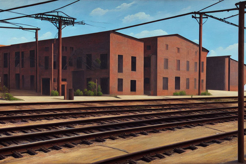 Realistic painting of urban scene with brick buildings, train tracks, and power lines against clear sky