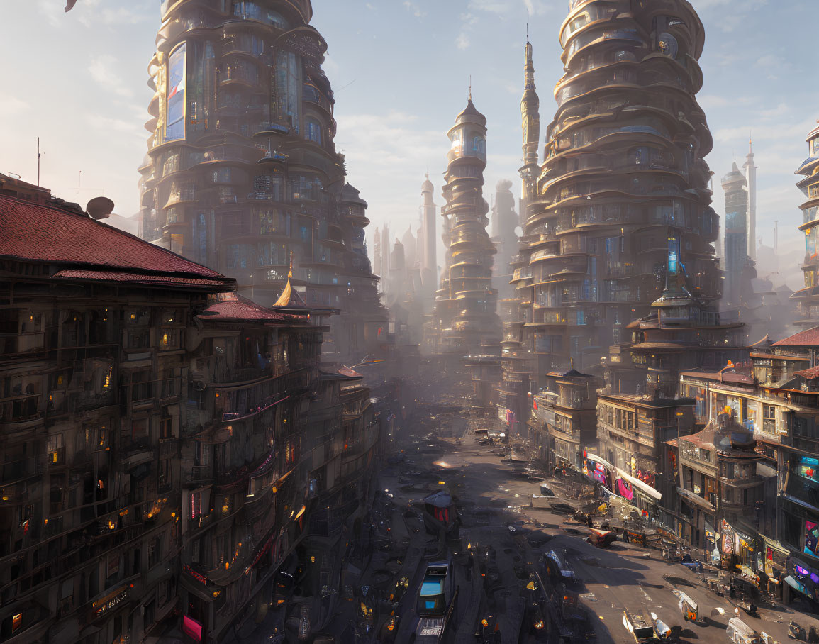 Futuristic cityscape with ornate skyscrapers and dense traffic
