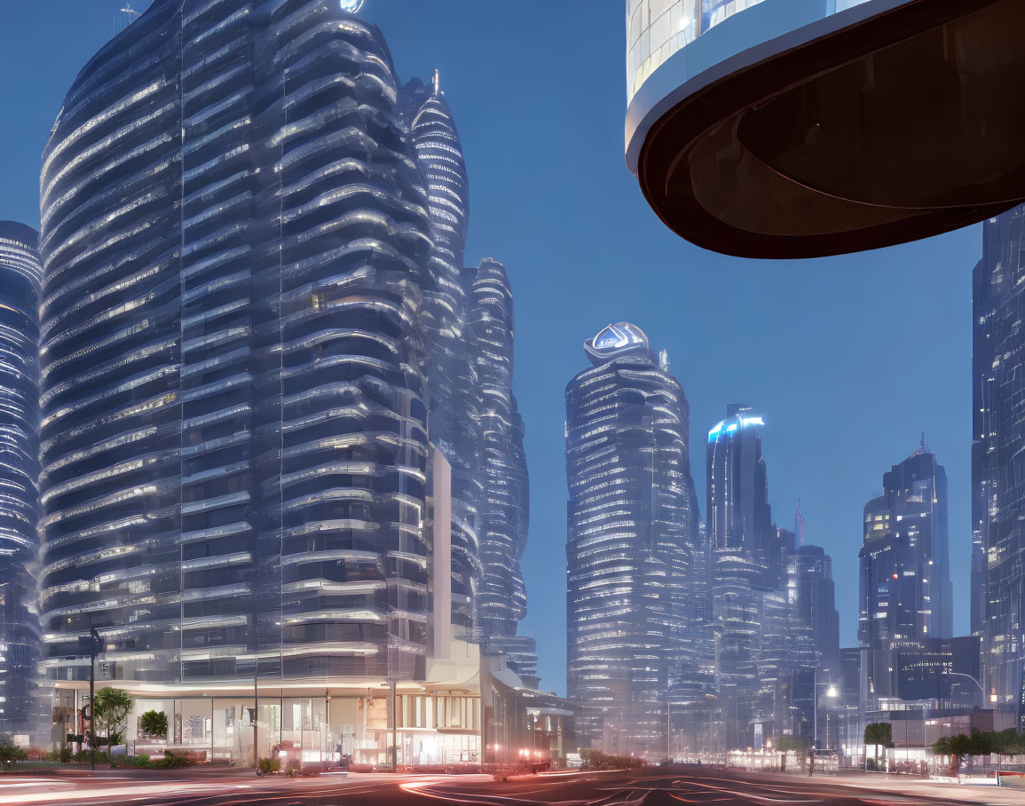 Futuristic twilight cityscape with curvilinear skyscrapers and advanced architecture