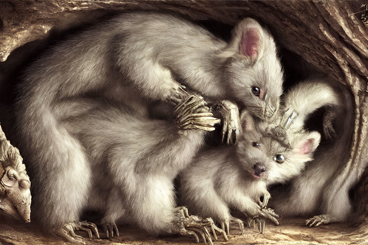 Fluffy mouse-like creatures cuddling in tree hollow