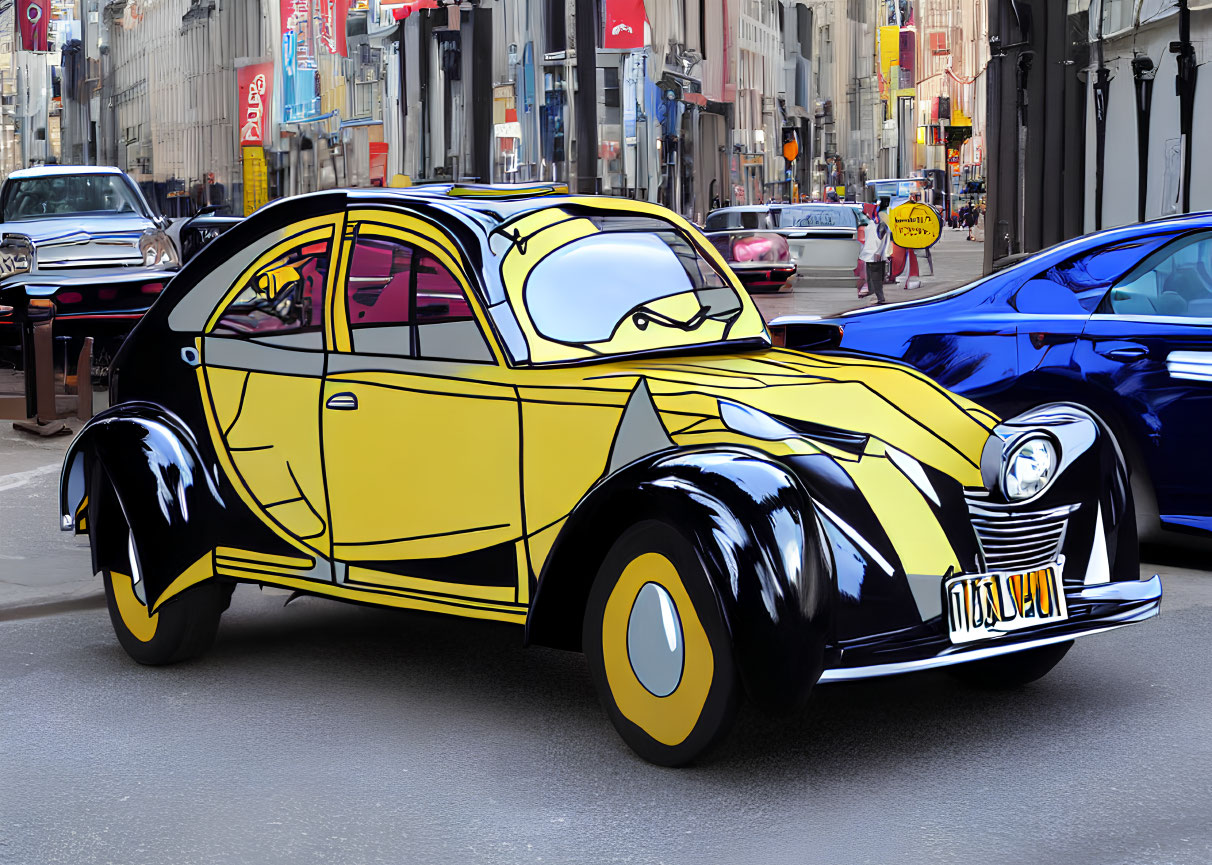 Yellow and black Pikachu-themed car parked on city street