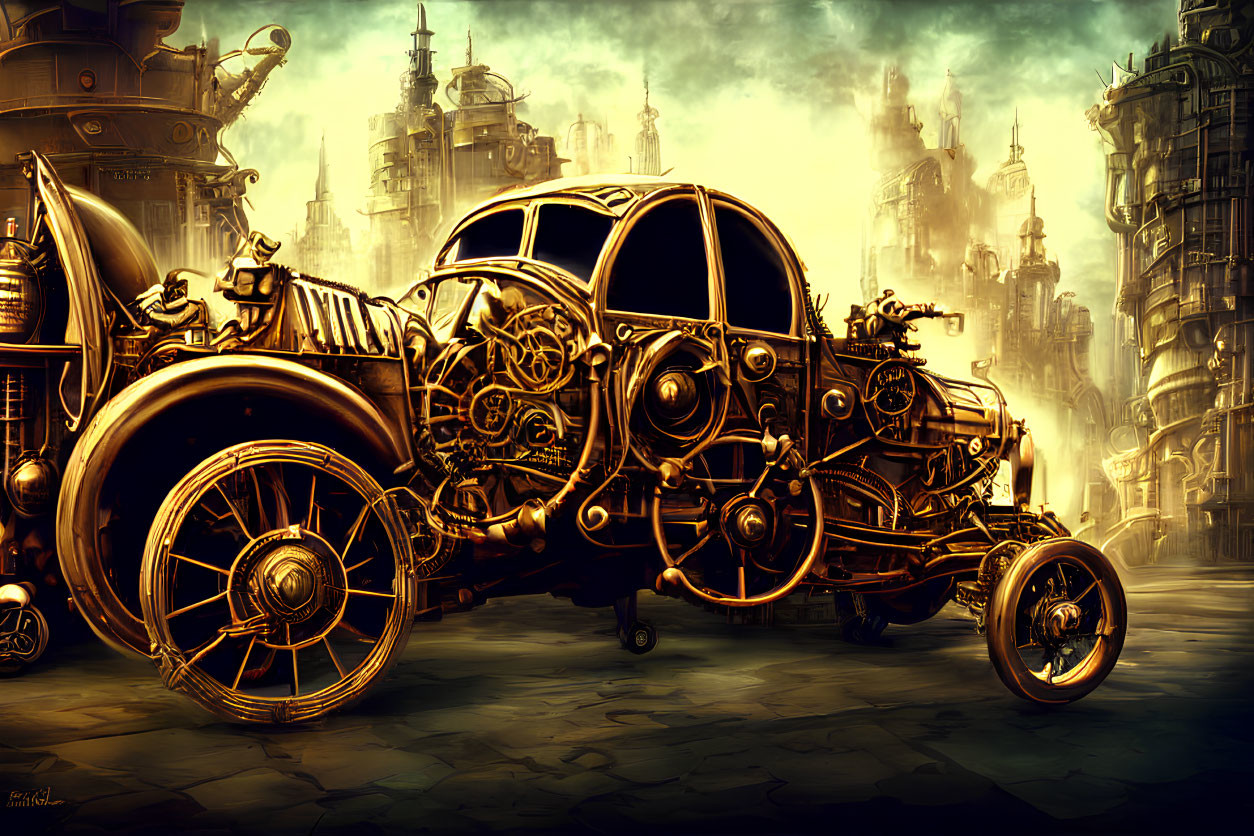 Intricate Steampunk Vehicle Amid Industrial Buildings