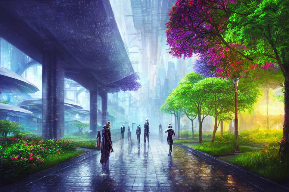 Futuristic cityscape with lush greenery, elevated roadway, walkway, and pedestrians