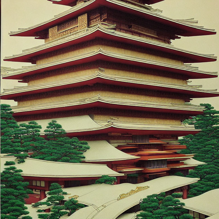 Red Pagoda with Tiered Roof and White Railings in Green Landscape