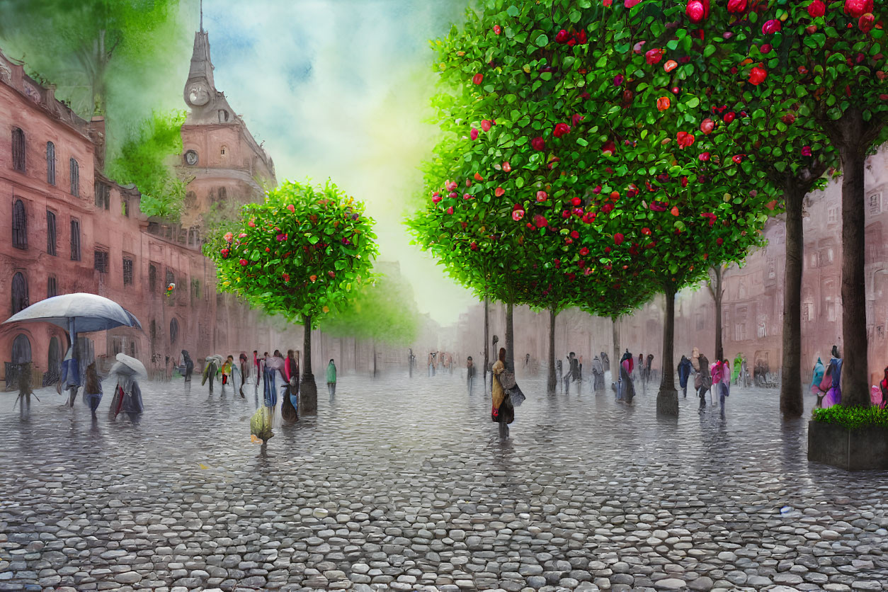 Colorful street scene with people under trees on cobblestone path, one holding umbrella