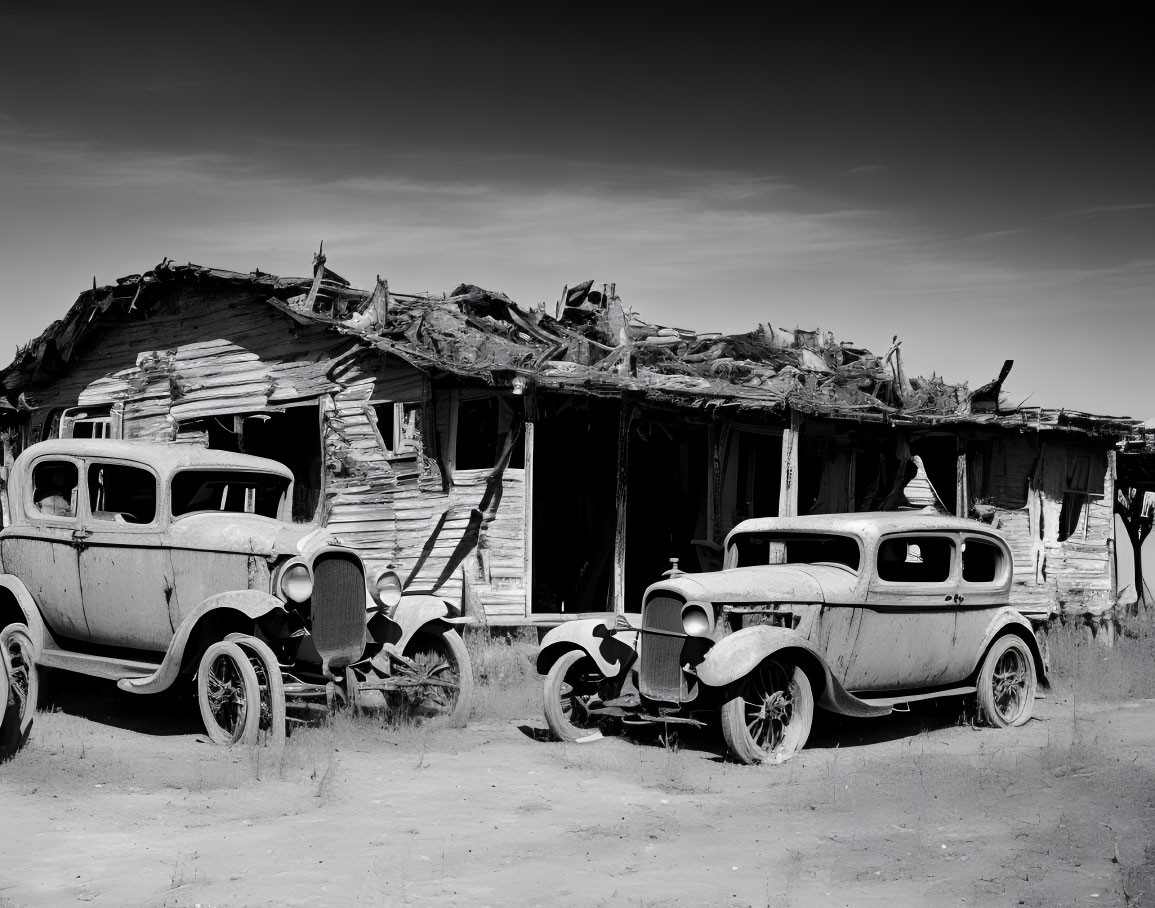 Vintage cars parked near dilapidated wooden structure in black and white setting