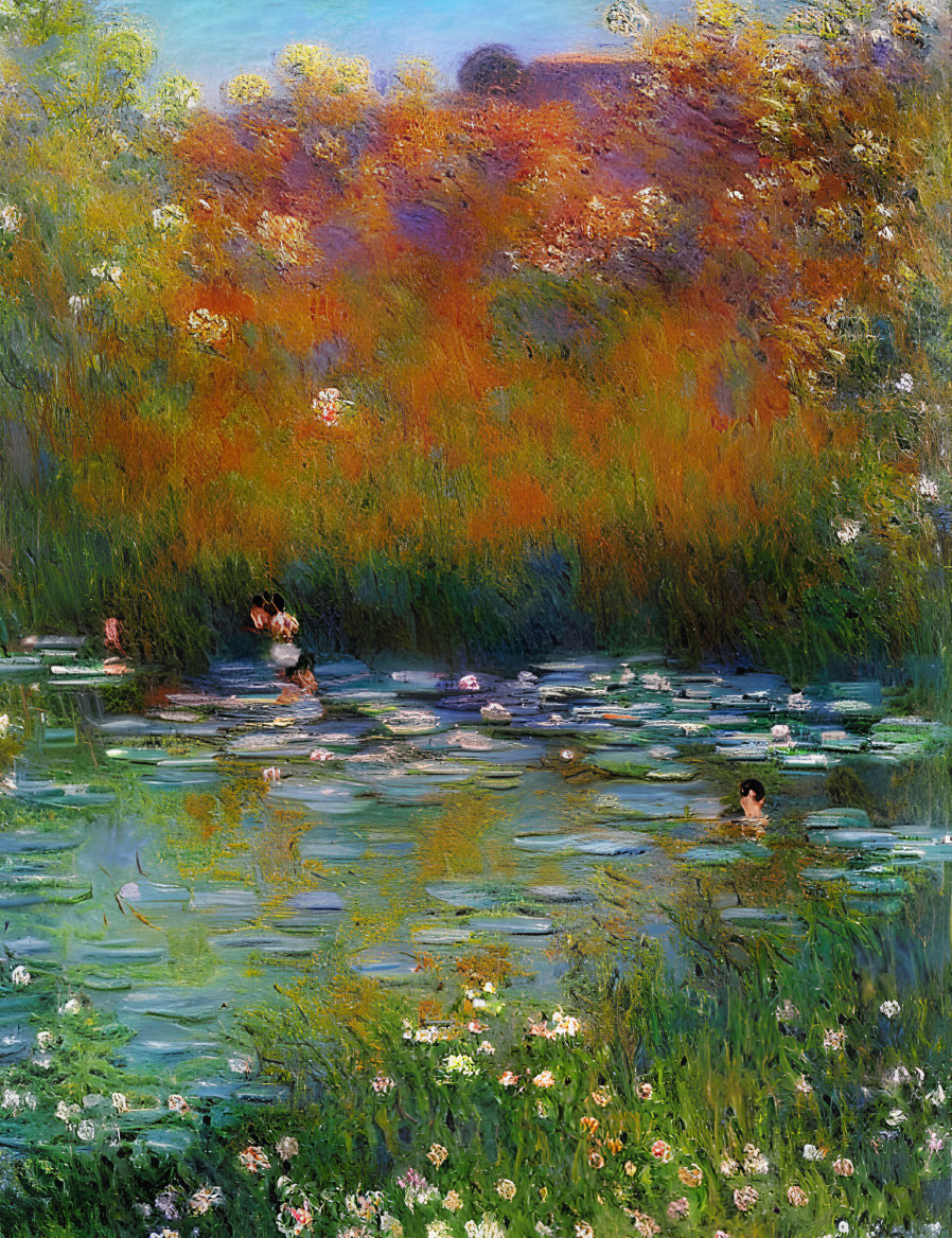 Impressionist-style painting of pond with water lilies and autumn trees