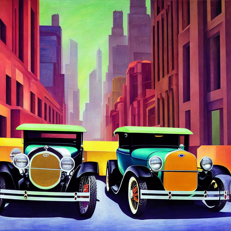 Vibrant vintage cars on stylized city street with colorful buildings