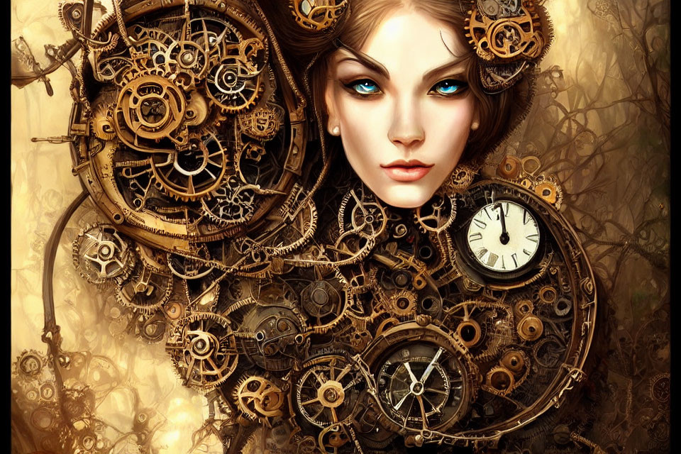 Fantasy Artwork: Woman with Blue Eyes in Clockwork Gears