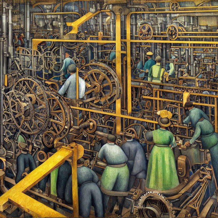 Detailed Early 20th-Century Factory Painting with Mechanical Workers