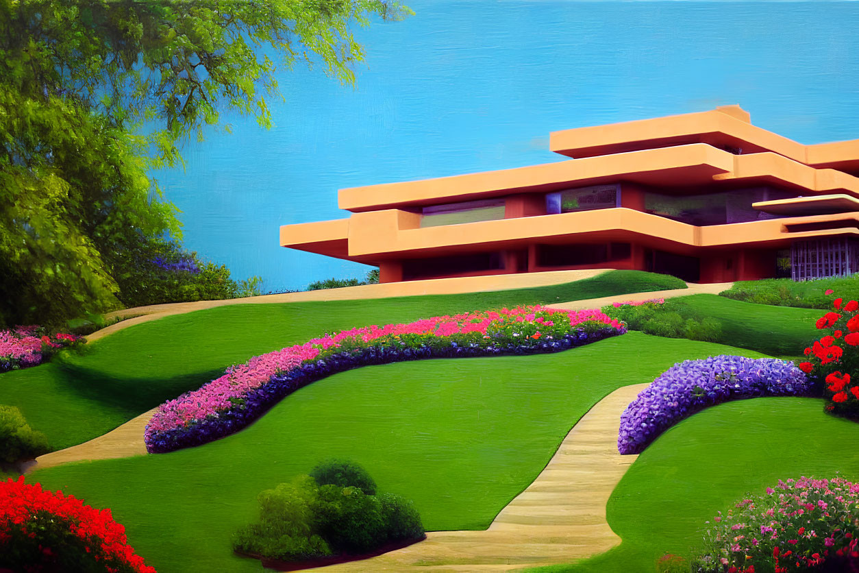 Colorful painting of modern terracotta house with gardens under clear blue sky