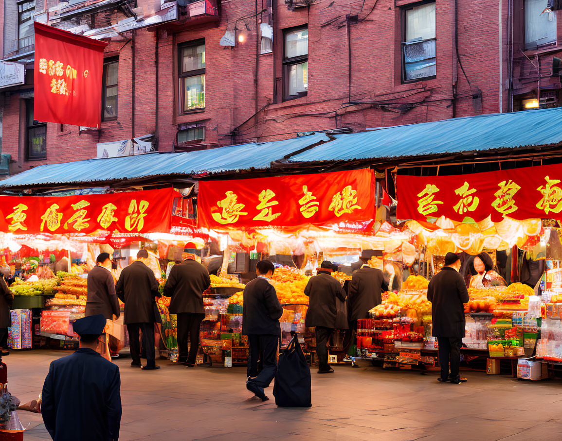 Vibrant market scene with fresh produce stalls and Chinese banners