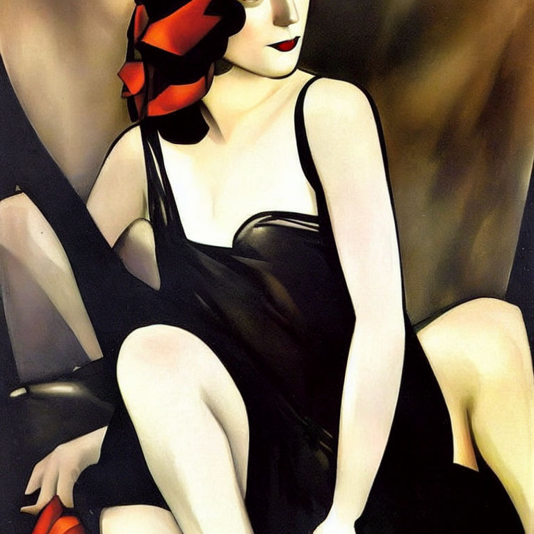 Stylized painting of woman with red flower, in black dress, dramatic lighting