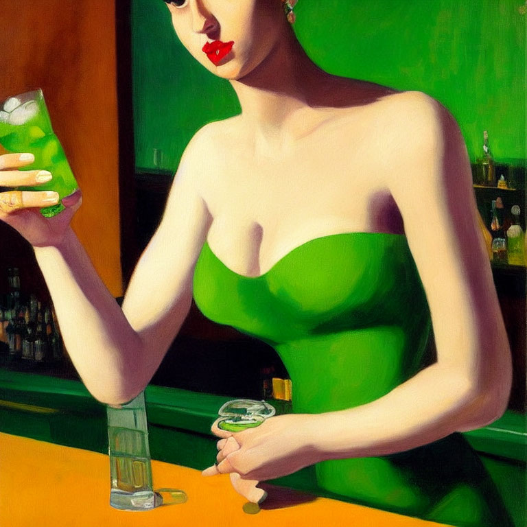 Stylized painting of woman in green dress at bar with cocktail