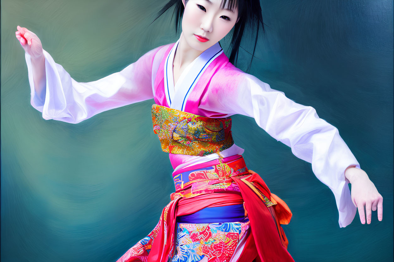 Traditional Korean hanbok dance with swirling fabric and elegant pose