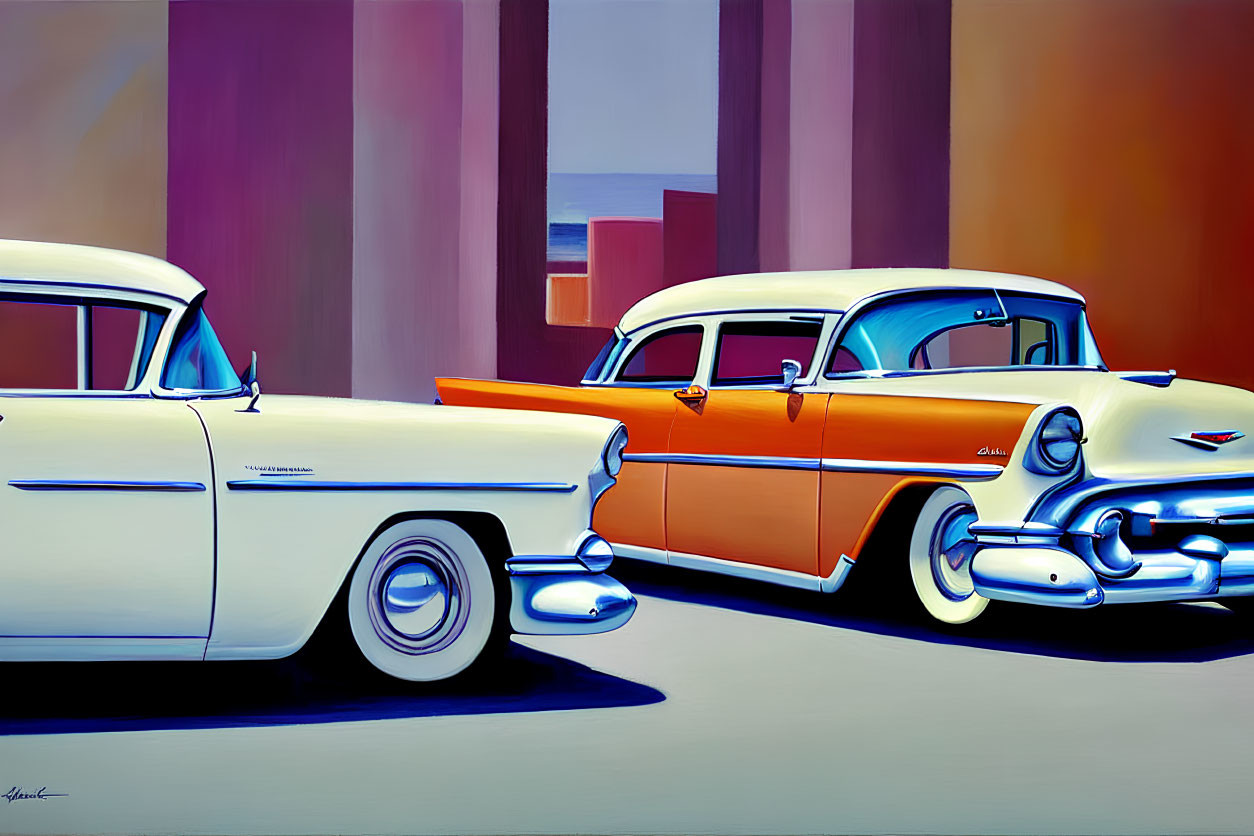 Vintage Cars Stylized Painting with Vibrant Colors & Geometric Background